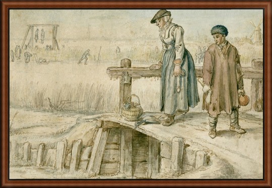 Winter Scene: Woman and Boy on a Bridge by Avercamp